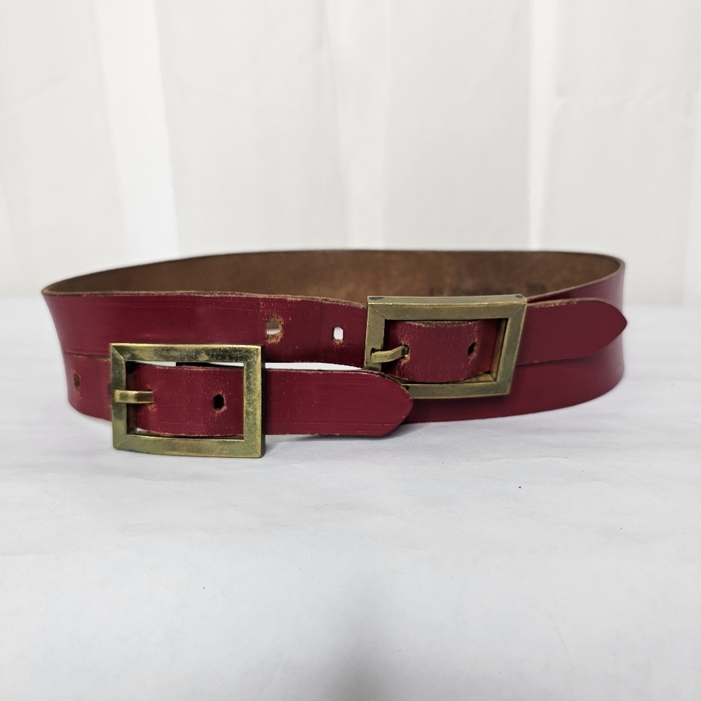 Vintage Roger Van S Red Leather Double Buckle Asymmetric Belt SMALL